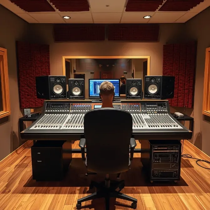 Студия звукозаписи с человеком за пультом управления, аудиофонограммами и динамиками