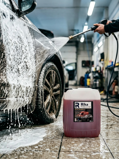 Процесс мойки автомобиля с использованием чистящего средства Rika в автосервисе