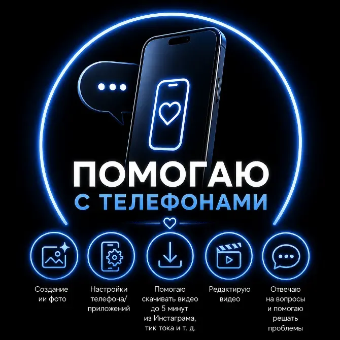 Телефондарға көмек, телефон жасағы, фото жасау, телефондық қосымшаларды баптау, Инстаграм мен ТикТоктан видео жүктеуге көмек, видео өңдеу, сұрақтарға жауап беру және мәселелерді шешу.