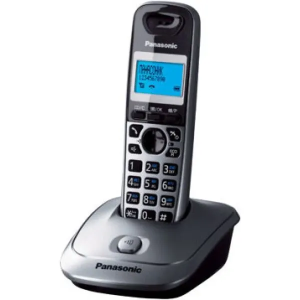 Panasonic с базалық стансасы және зарядтау құрылғысымен жабдықталған сымсыз телефон