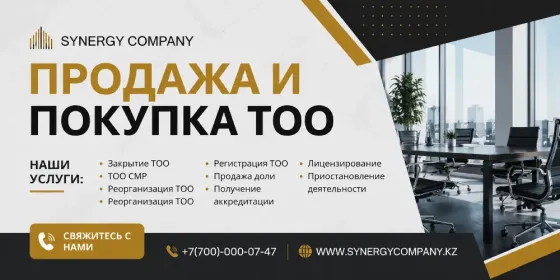 Продажа и покупка ТОО, услуги компании Synergy, оформление документов, регистрация ТОО, лицензирование, реорганизация бизнеса