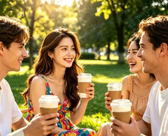 Кофейные упаковки Fox Coffee на столе, в фоне видны стенды с материалами и подарками