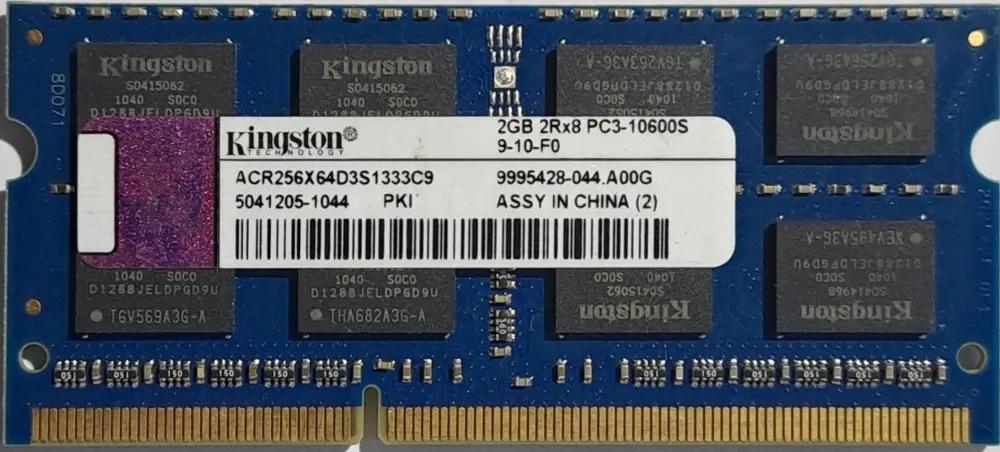 Кингстон 2 ГБ модулі, PC3-10600S, 9-10-F0 сипаттамасымен, Қытайда өндірілген.