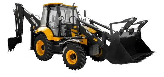 Сары және қара түсті экскаватор-погрузчик, жер өңдеу жұмыстарына арналған фронтальды және артқы ковштармен жабдықталған.
