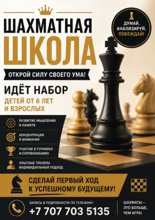 Шахматная школа, объявление о наборе детей и взрослых от 6 лет, развитие мышления и памяти, телефон для записи