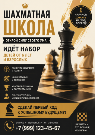 Шахматная школа, объявление о наборе детей и взрослых, шахматные фигуры на фоне, контактная информация для записи