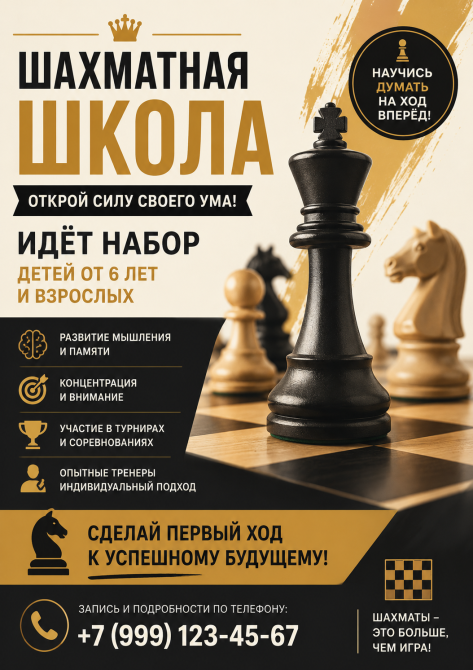 Шахматная школа, объявление о наборе детей и взрослых, шахматные фигуры на фоне, контактная информация для записи