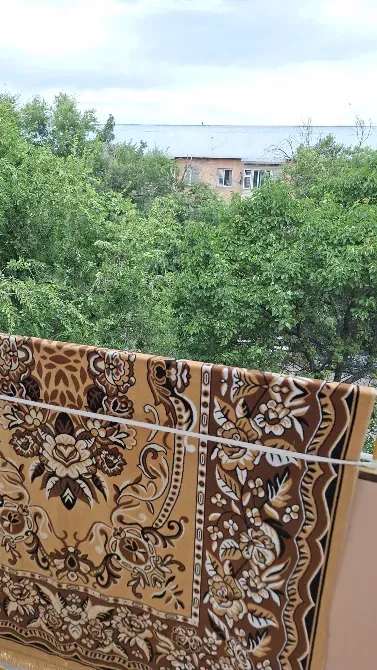 Вид на зелёные деревья и часть дома через балкон