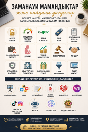 Заманауи мамандықтар мен пайдасыз дағдылар, информация о курсах и цифровых навыках, различные иконки профессий и услуг, веб-дизайн, программирование, 