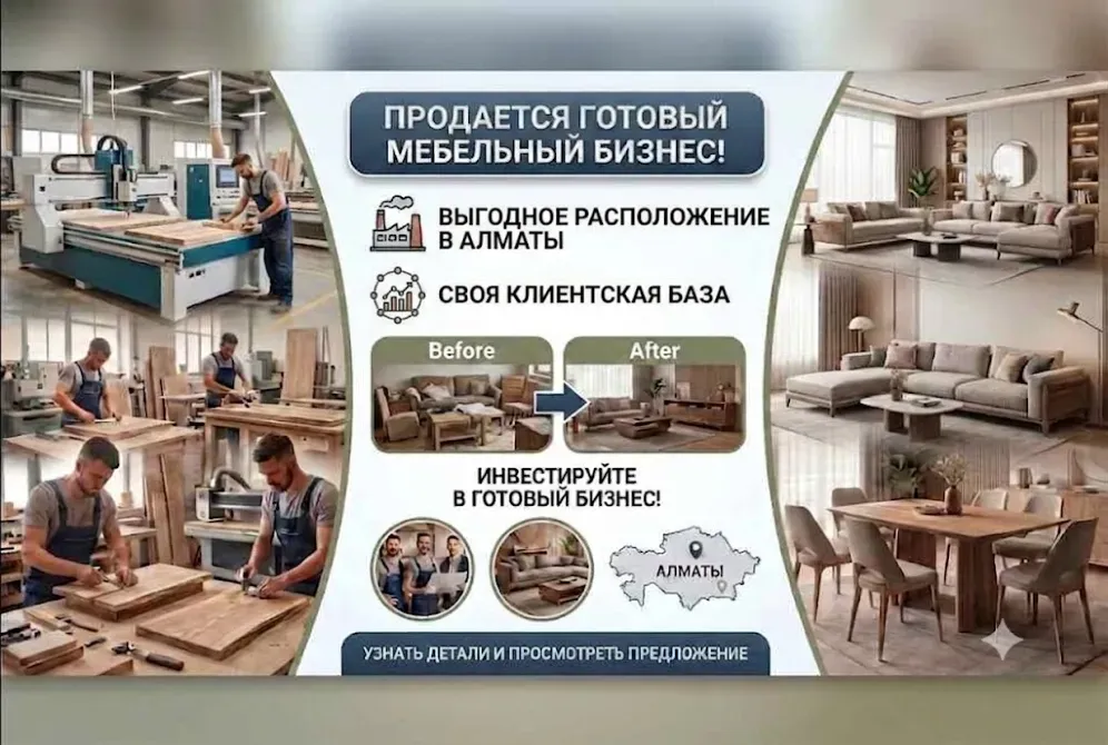 Готовый мебельный бизнес в Алматы, выгодное расположение и своя клиентская база, возможность инвестирования, до и после