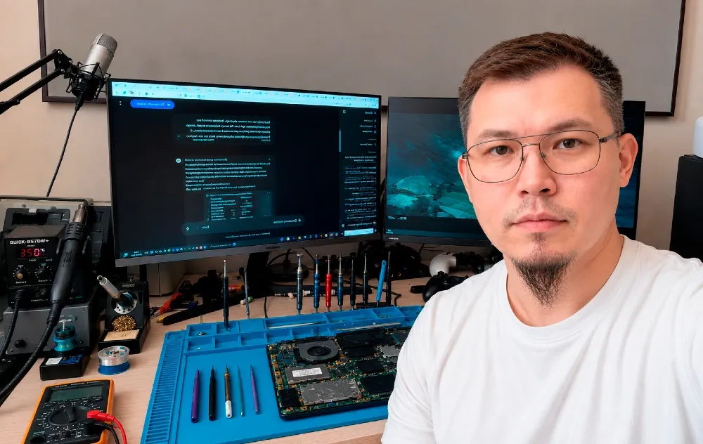 Человек на фоне рабочего стола с двумя мониторами, инструменты для ремонта электроники, материнская плата и различные принадлежности для диагностики техники