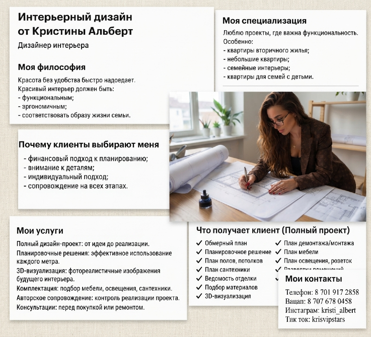 Визитка дизайнера интерьеров с услугами и контактами