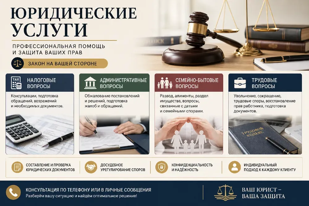 Юридические услуги с акцентом на профессиональную помощь по налоговым вопросам, административным делам, а также семейным и трудовым вопросам