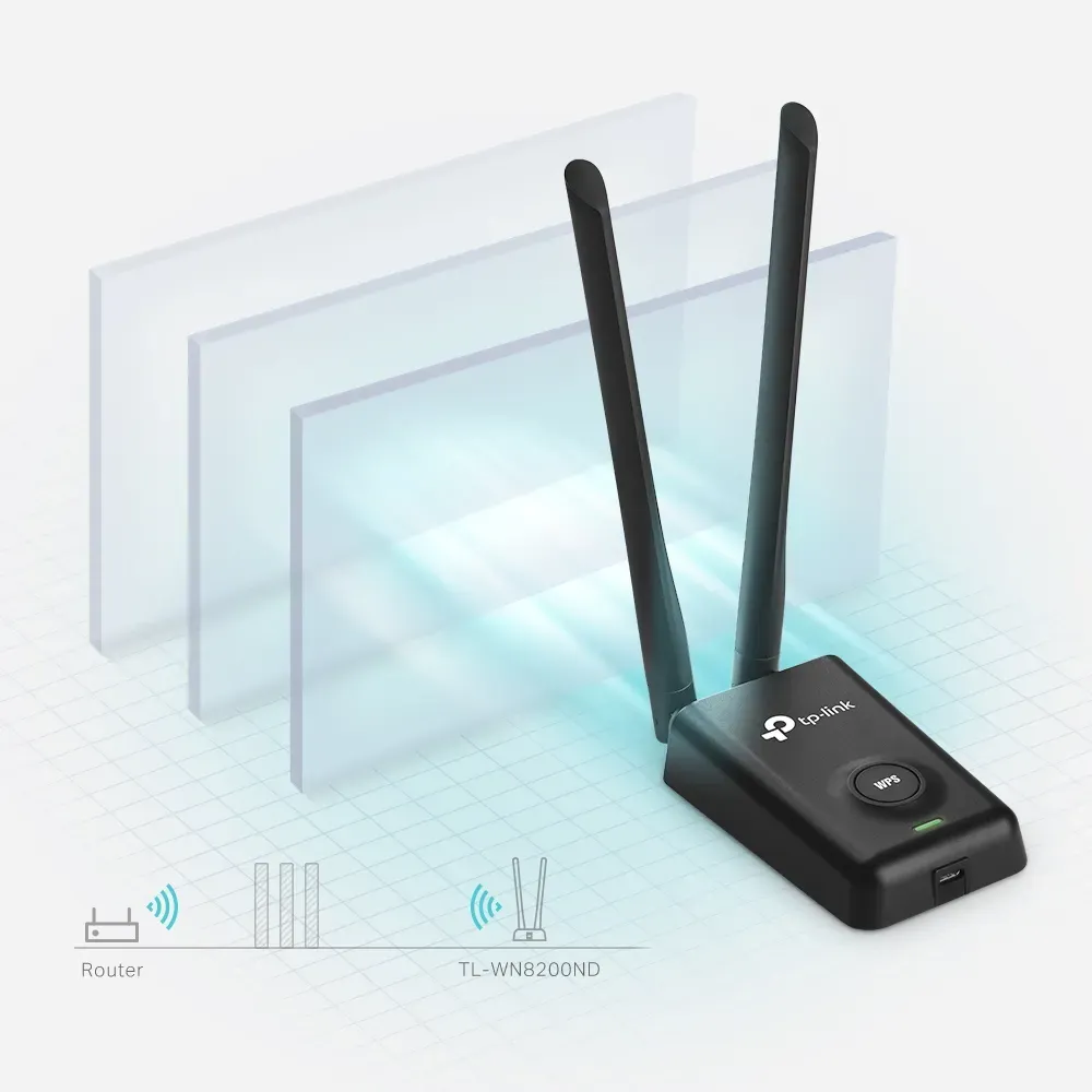 Беспроводной адаптер TP-Link TL-WN8200ND с двумя антеннами, демонстрирующий возможность подключения через препятствия