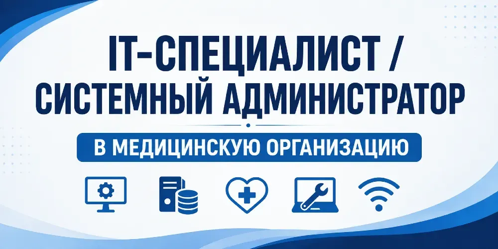 IT-специалист и системный администратор в медицинскую организацию, объявление о вакансии, иконки компьютера, медицину и технологии