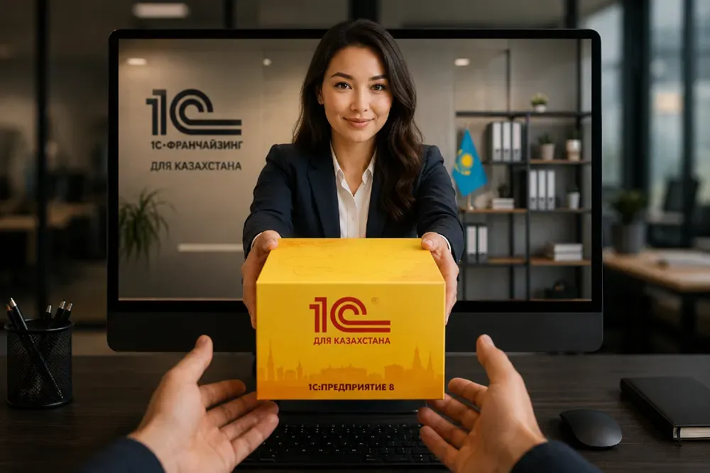Женщина, передающая коробку через компьютерный экран в офисе