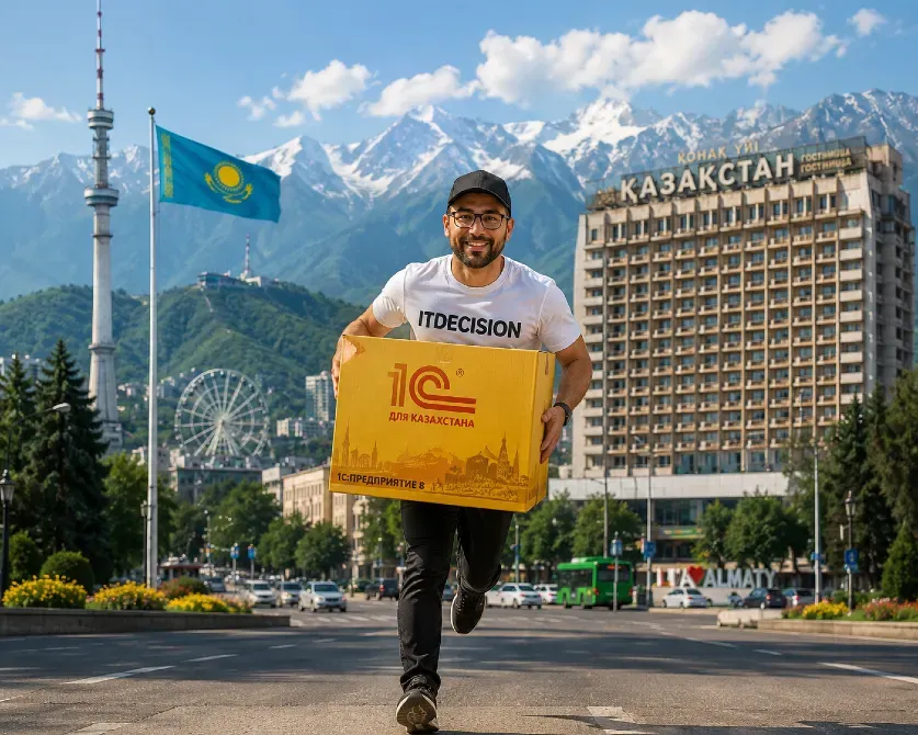 Мужчина с коробкой, бегущий по улице Алматы на фоне флага Казахстана