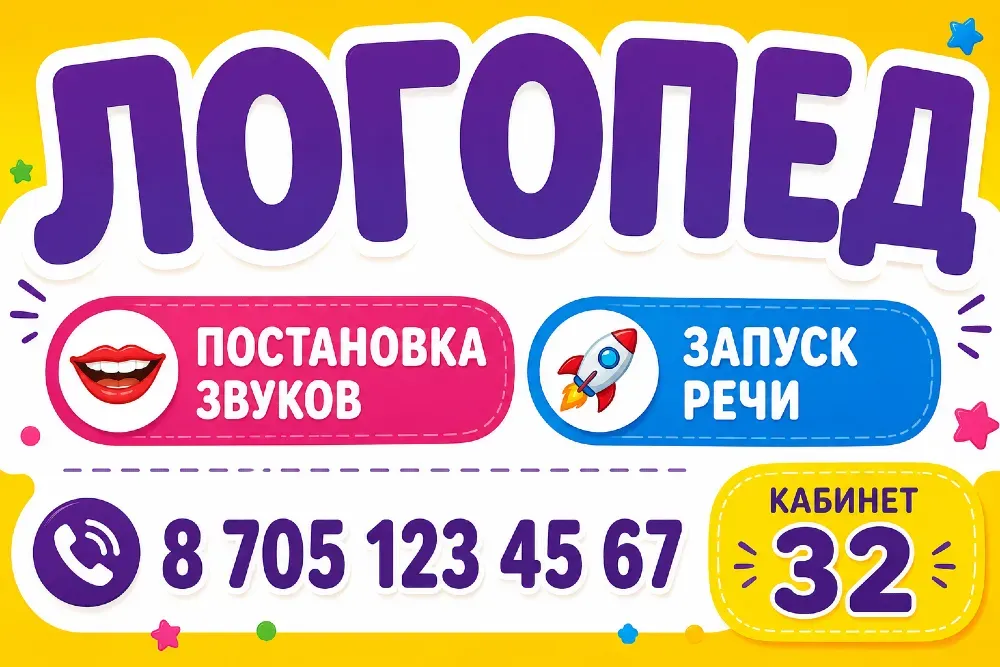 Логопед, постановка звуков, запуск речи, контактный телефон 8 705 123 45 67, кабинет 32
