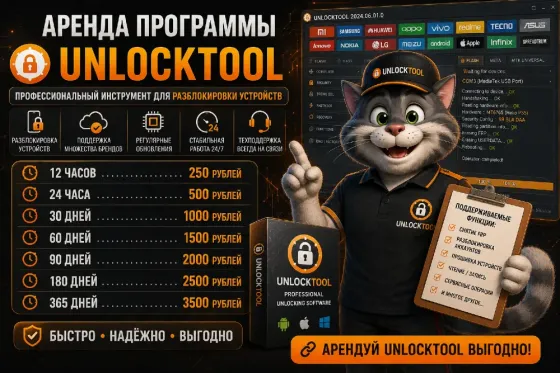 Кот в костюме с компьютером и рекламой программы UnlockTool для аренды услуг разблокировки устройств, информация о ценах на аренду на 12, 24, 48 часов