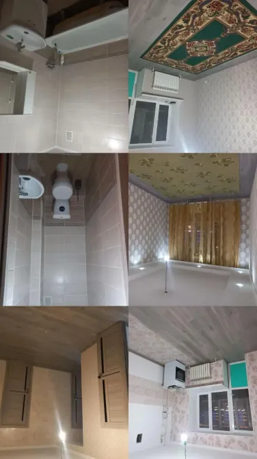 коллаж с интерьером квартиры, включающим ванную, кухню и комнаты